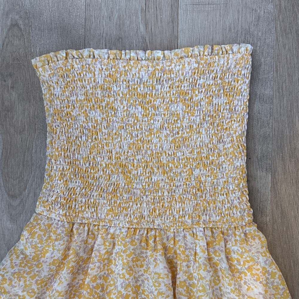 Smocked Flowy Yellow Floral Strapless Maxi Dress - Picture 3 of 8